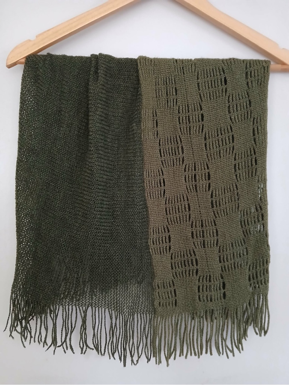 Olive Green Knit Fringe Scarf Wrap - Womenโs Lightweight Neck Gaiter Layer